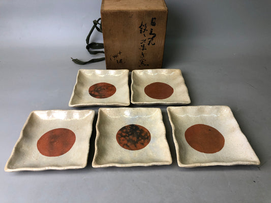 Y7810 DISH Raku-ware Hinomaru serving plate set of 5 signed box Japan antique