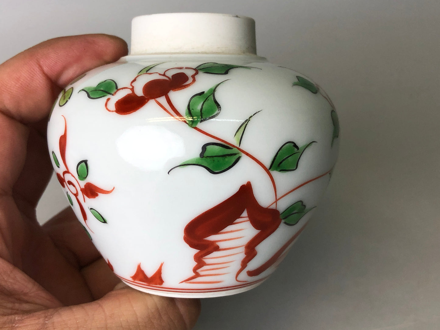 Y7813 TEA CADDY Kyo-ware container signed red picture Japan Tea Ceremony antique