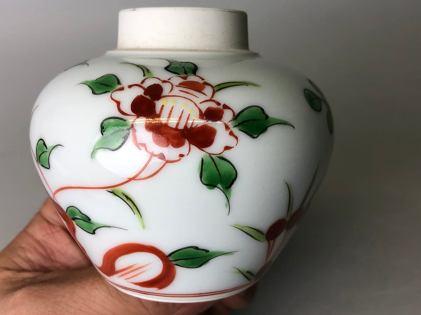 Y7813 TEA CADDY Kyo-ware container signed red picture Japan Tea Ceremony antique