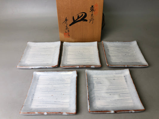 Y7815 DISH Shino-ware serving plate set of 5 signed box Japan antique tableware