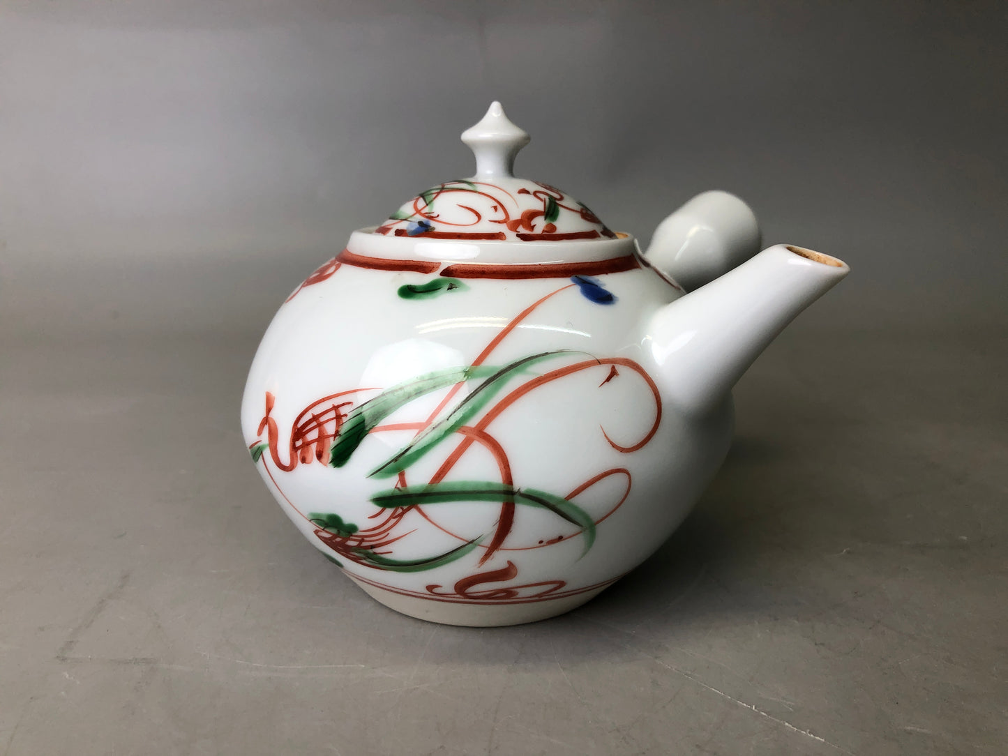 Y7817 KYUSU Kyo-ware teapot red picture signed Sencha Japan antique tea ceremony