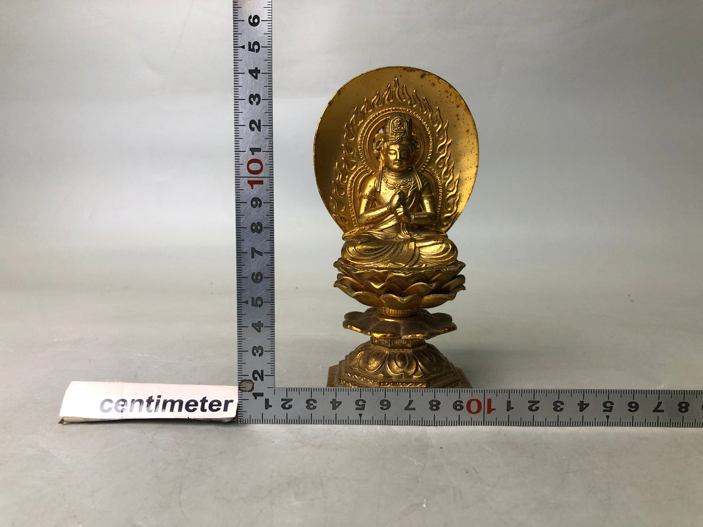 Y7848 STATUE Buddha figurine golden metal signed Japan antique Buddhist figure