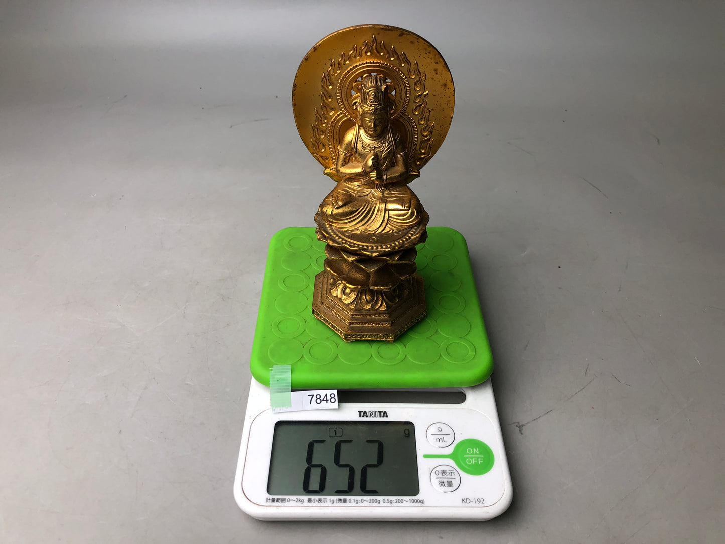 Y7848 STATUE Buddha figurine golden metal signed Japan antique Buddhist figure