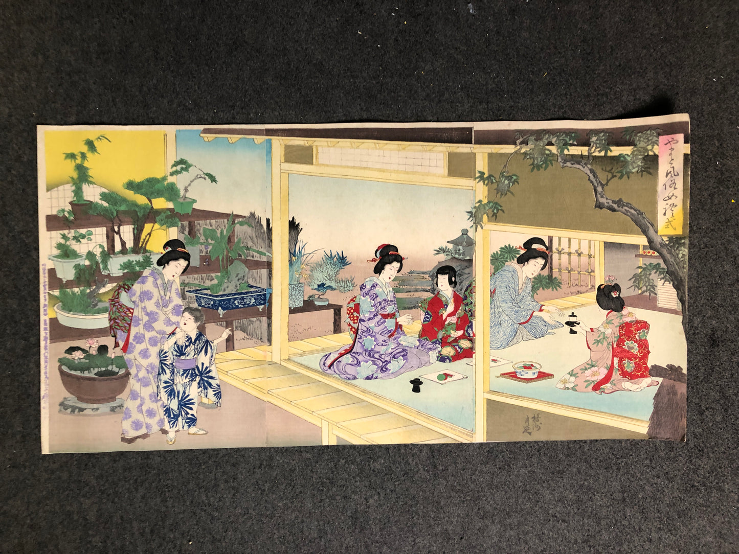 Y7850 WOODBLOCK PRINT Chikanobu triptych  beauty bonsai Japan Ukiyoe antique