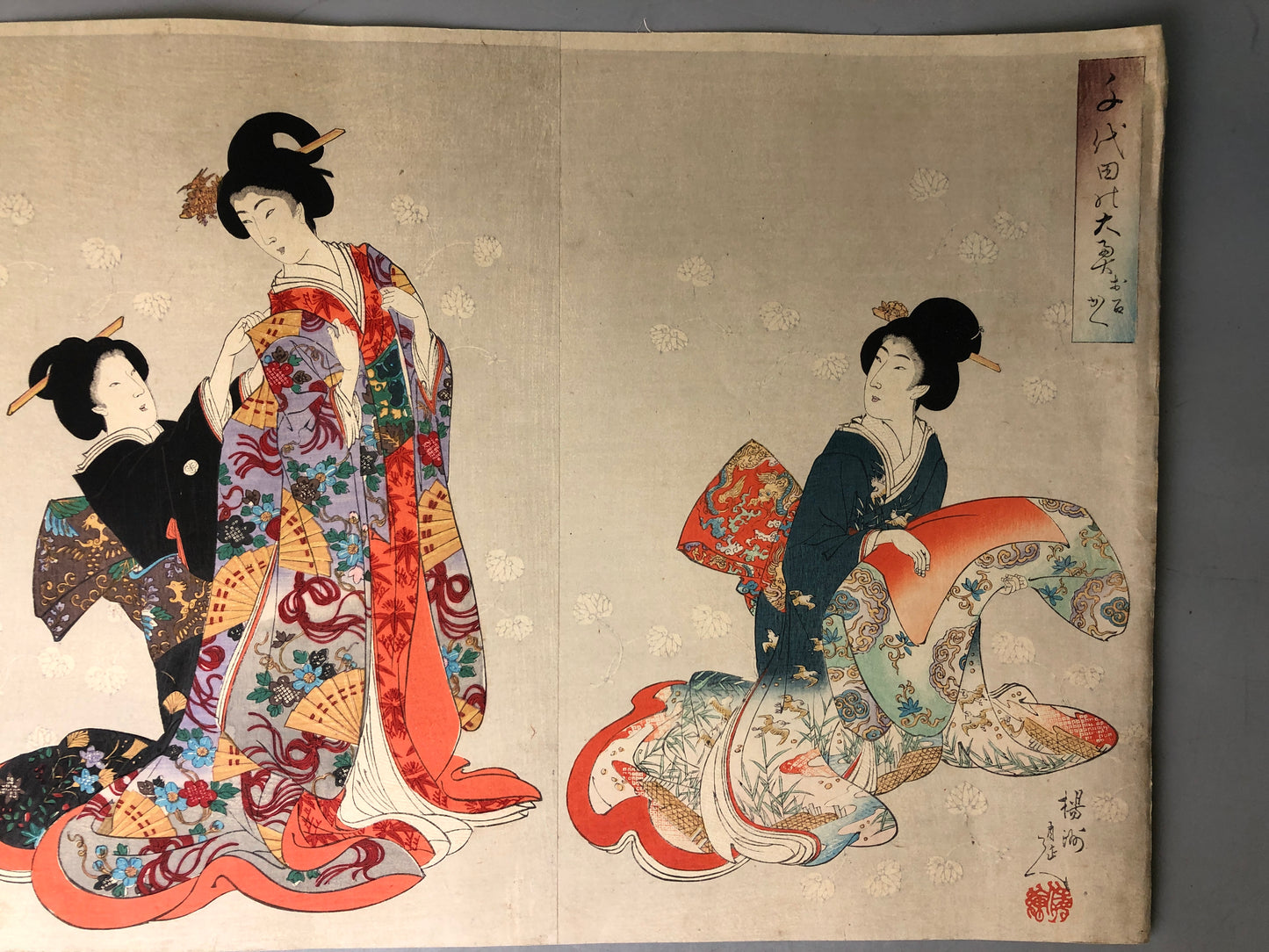 Y7855 WOODBLOCK PRINT Chikanobu triptych  beautiful woman Japan Ukiyoe antique