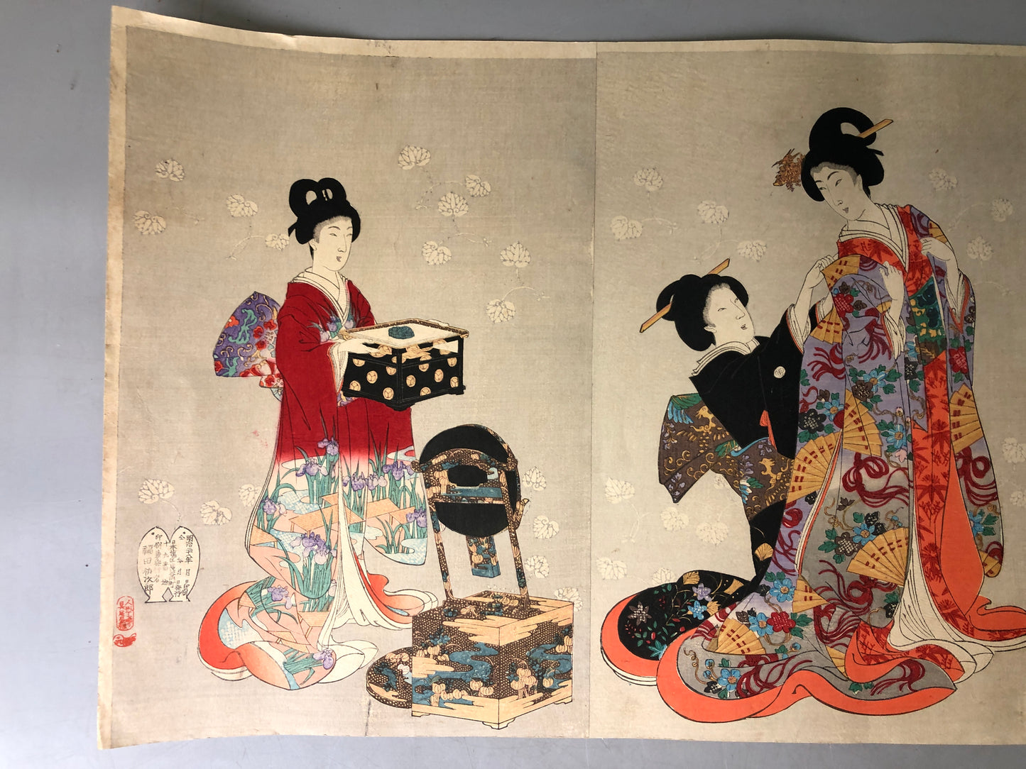 Y7855 WOODBLOCK PRINT Chikanobu triptych  beautiful woman Japan Ukiyoe antique