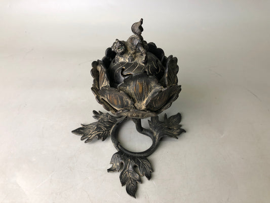 Y7878 KOURO Bronze lotus flower lion knob Japan antique Incense Burner fragrance