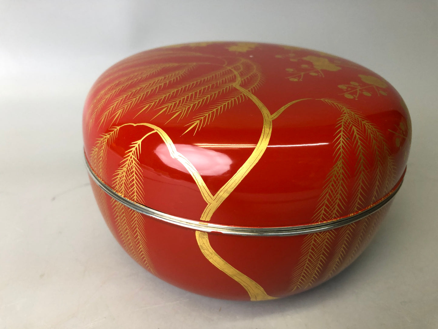 Y7881 CHAWAN Makie red lid confectionery bowl silver rim Japan antique kitchen