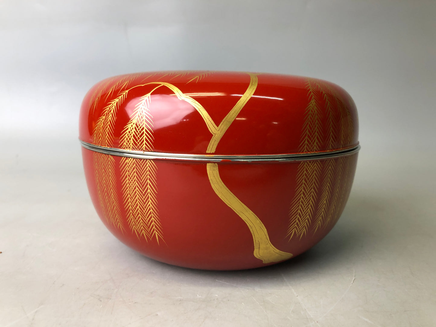 Y7881 CHAWAN Makie red lid confectionery bowl silver rim Japan antique kitchen