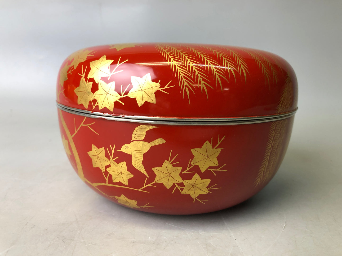 Y7881 CHAWAN Makie red lid confectionery bowl silver rim Japan antique kitchen