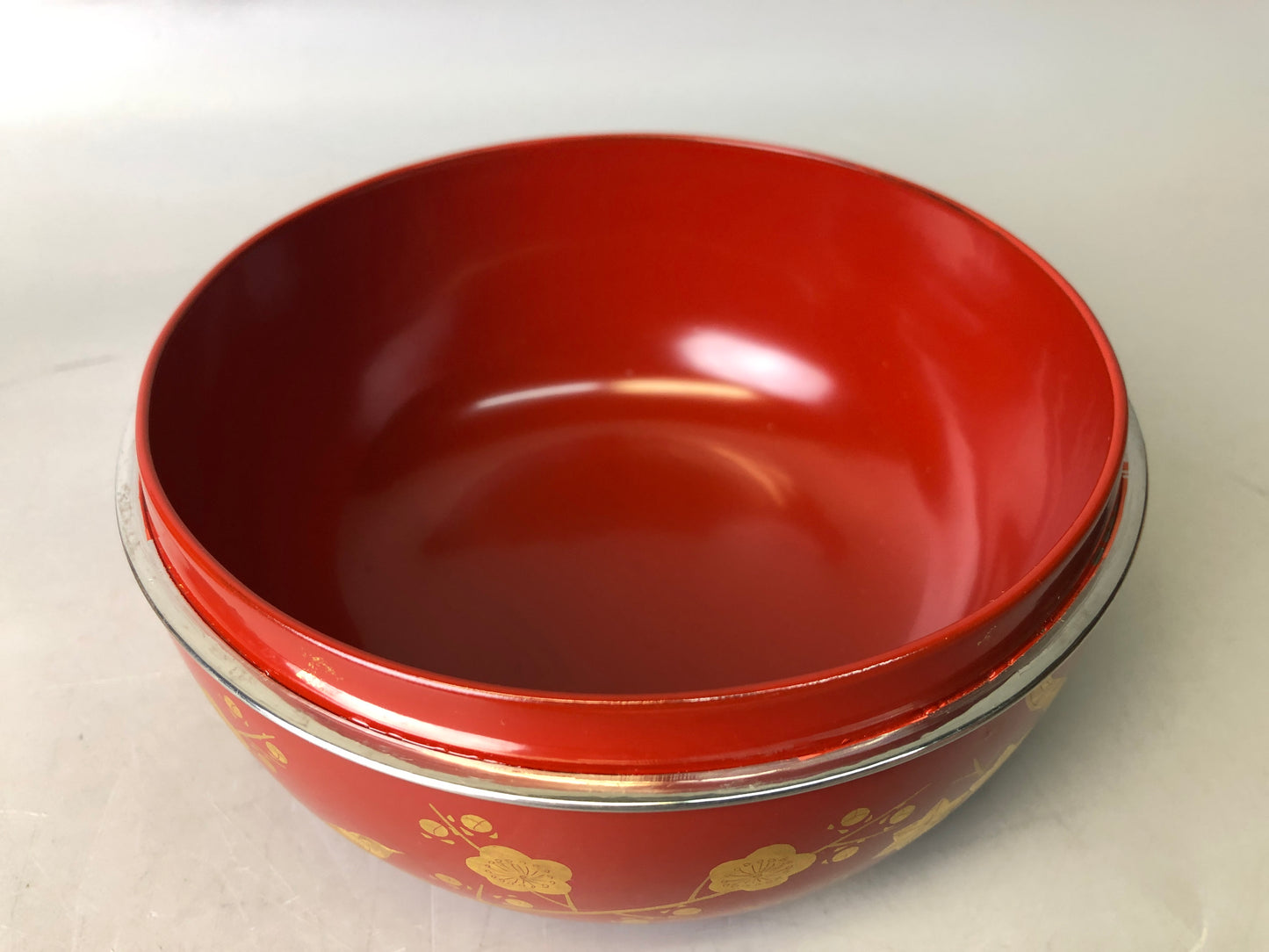 Y7881 CHAWAN Makie red lid confectionery bowl silver rim Japan antique kitchen