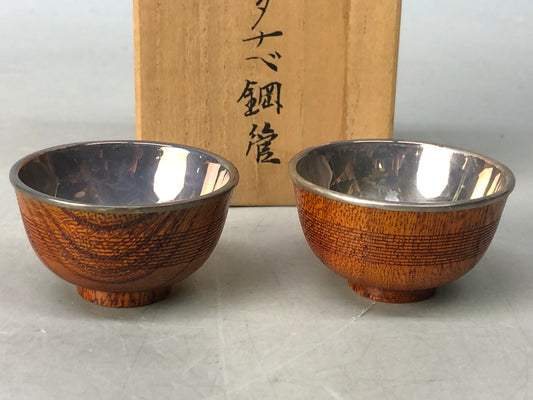 Y7942 CHAWAN wooden Sake cup pair set silver-lined inside box Japan antique