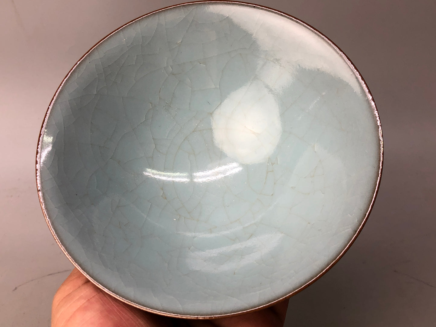 Y7945 CHAWAN Celadon flat bowl signed box Japan antique tea ceremony pottery cup