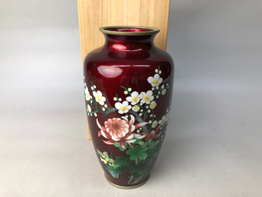 Y7947 FLOWER VASE Cloisonne Red signed box Japan ikebana floral arrangement