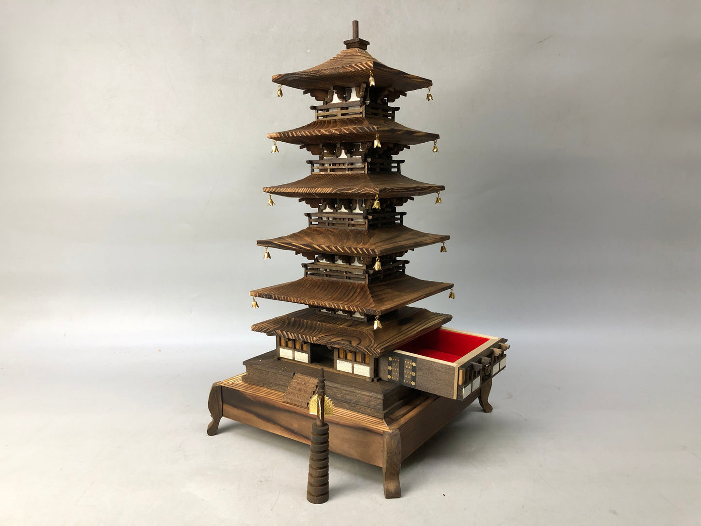 Y7951 OKIMONO Wooden five-story pagoda figure box Japan antique interior decor