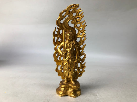 Y7956 STATUE Gold plated metal Fudo Myoo Acala figurine signed Japan antique