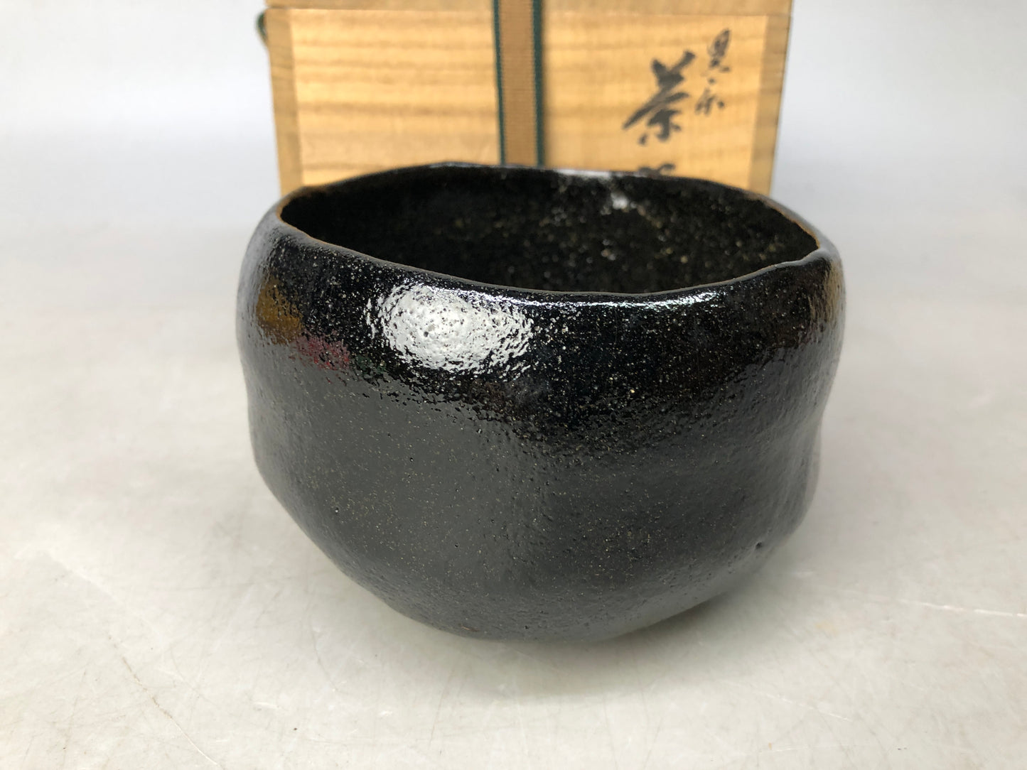 Y8019 CHAWAN Raku--ware black bowl signed box Japan antique tea ceremony pottery