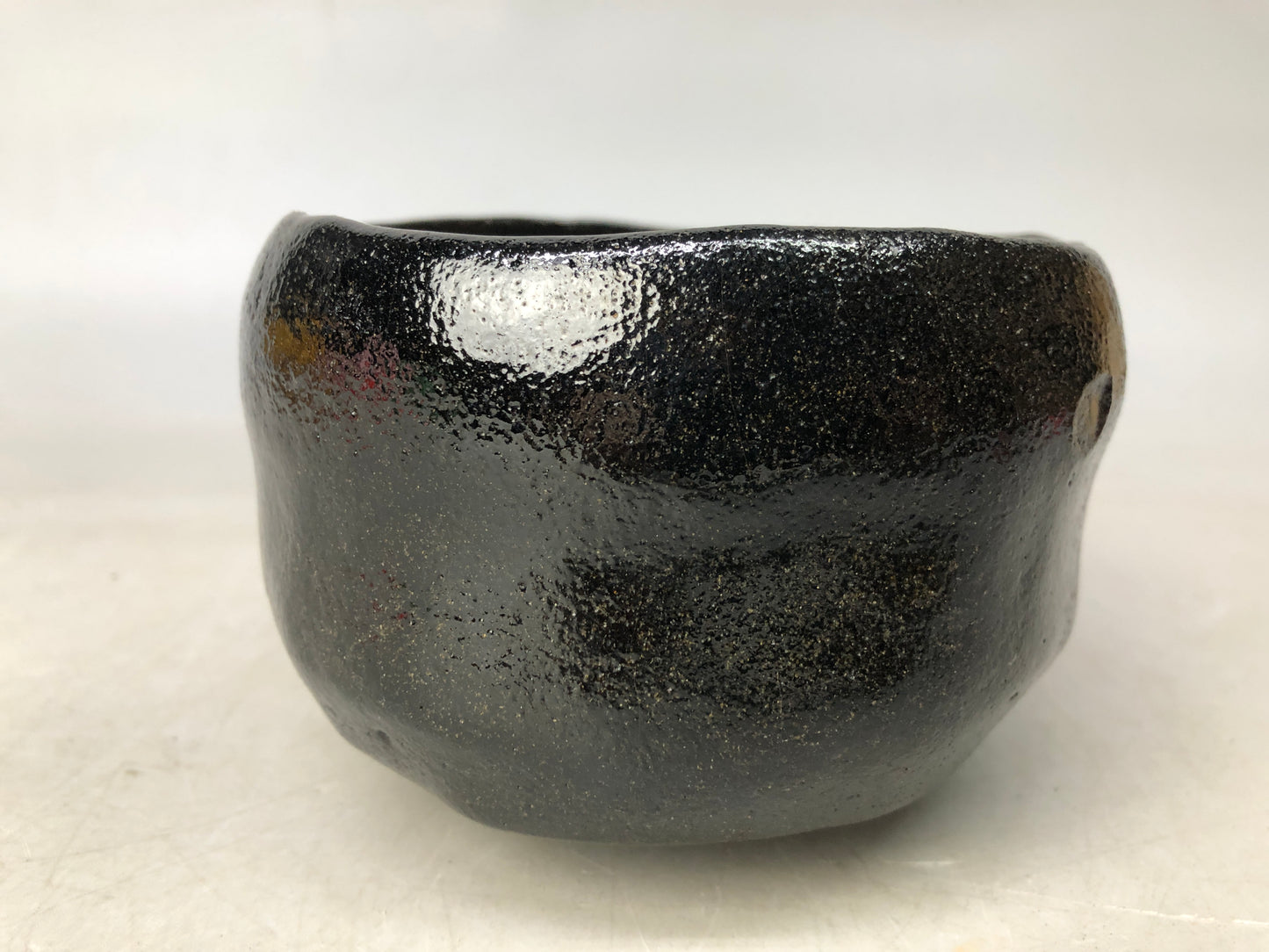 Y8019 CHAWAN Raku--ware black bowl signed box Japan antique tea ceremony pottery