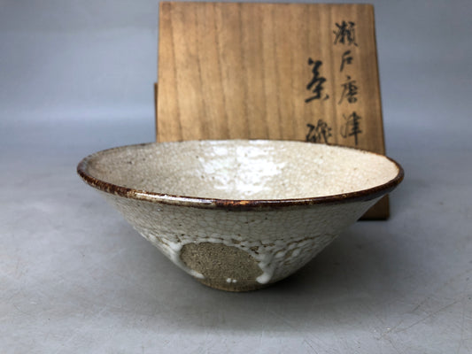 Y8025 CHAWAN Seto Karatsu flat bowl box Japan antique tea ceremony pottery cup