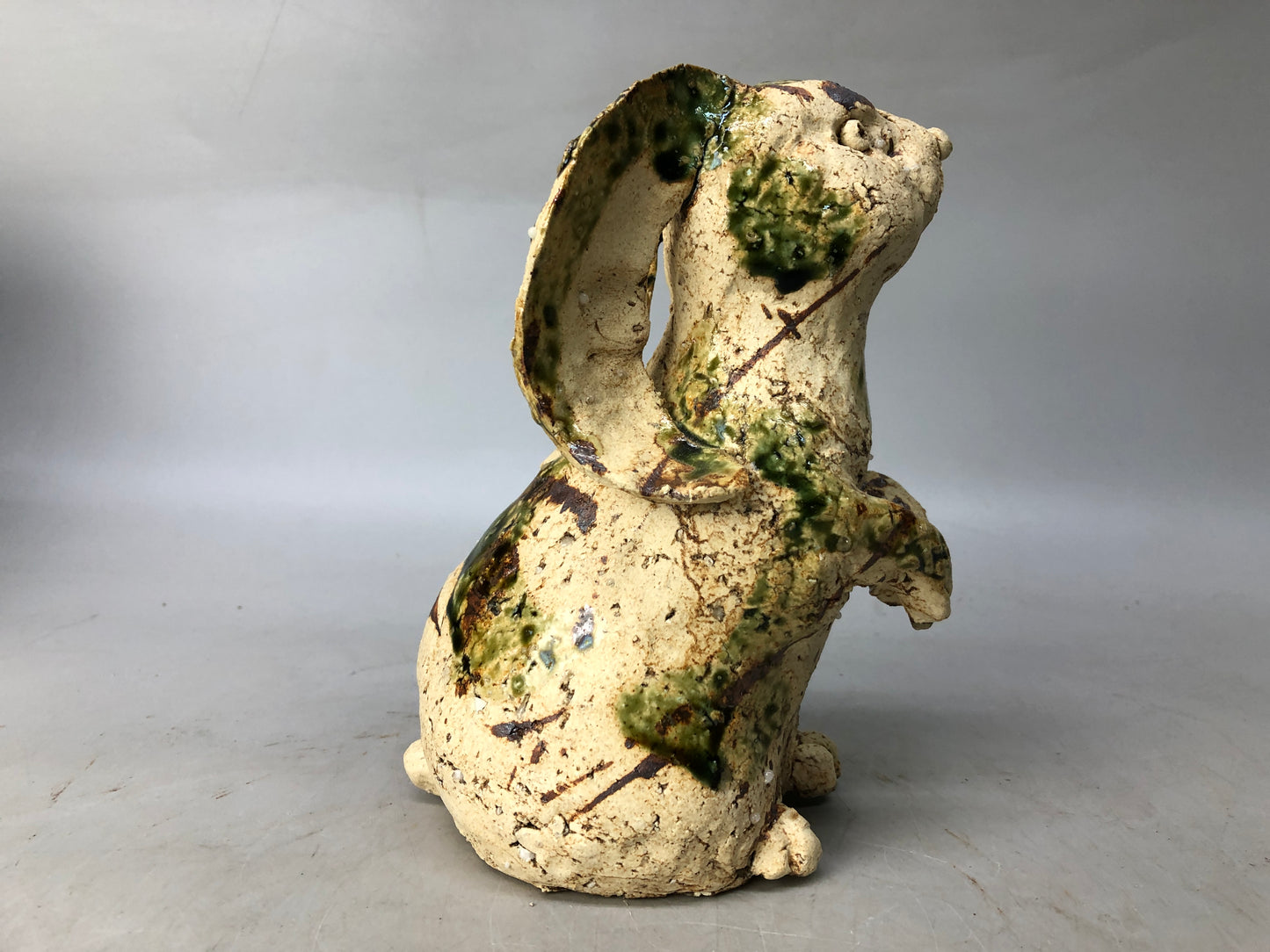 Y8066 OKIMONO Oribe-ware Rabbit figurine signed box Japan antique interior