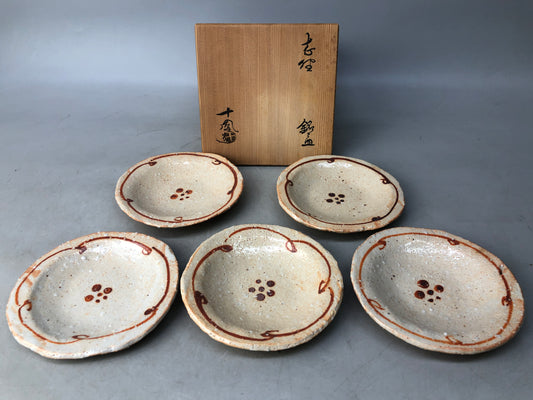 Y8078 DISH Shino-ware serving plate set of 5 signed box Japan antique tableware