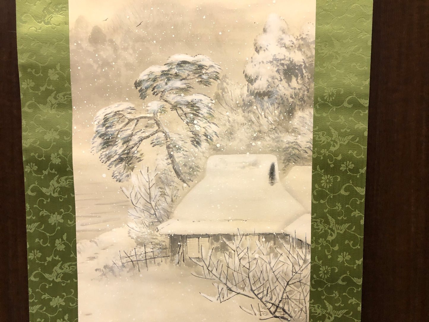 Y8163 KAKEJIKU Winter snow scene signed Japan antique hanging scroll art decor