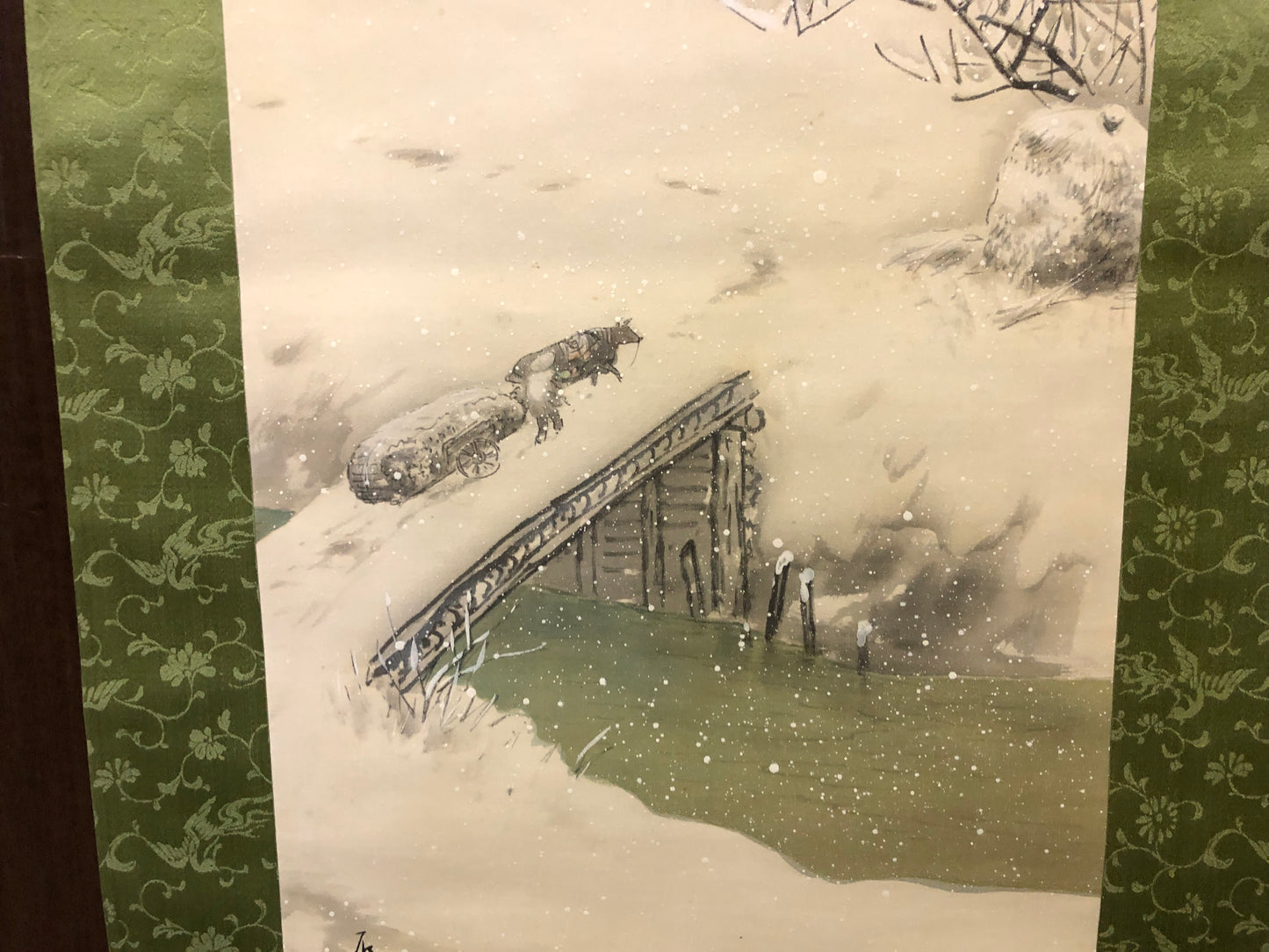 Y8163 KAKEJIKU Winter snow scene signed Japan antique hanging scroll art decor