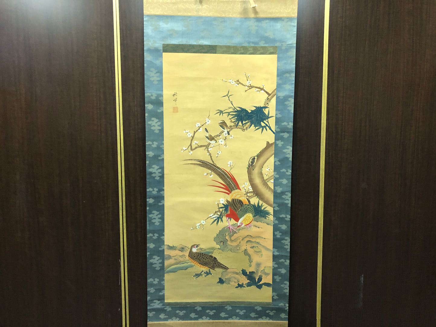 Y8164 KAKEJIKU Flower Bird colored signed Japan antique hanging scroll art decor