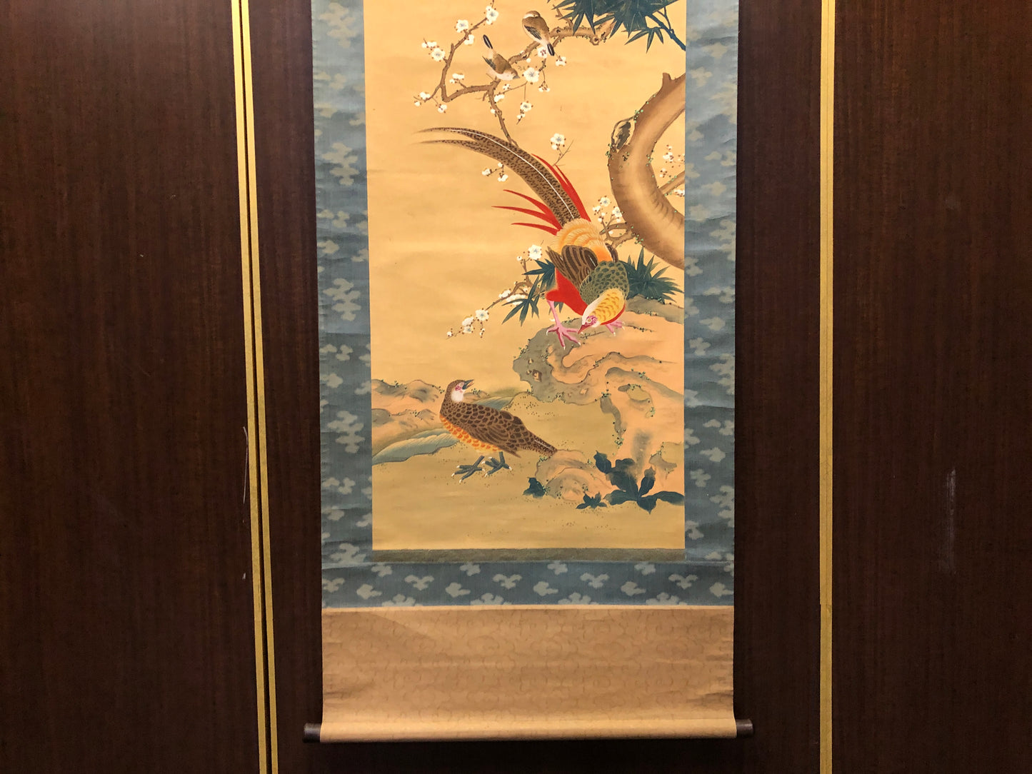 Y8164 KAKEJIKU Flower Bird colored signed Japan antique hanging scroll art decor