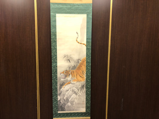 Y8177 KAKEJIKU Tiger signed box Japan antique hanging scroll art decor interior