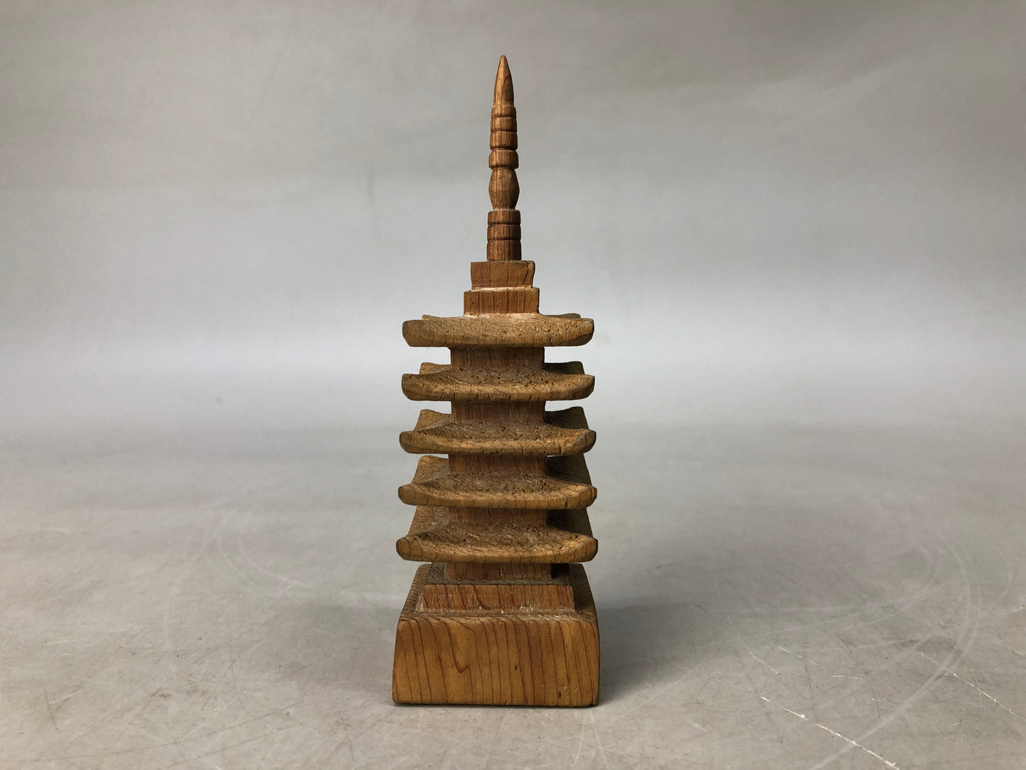 Y8211 OKIMONO small wooden Five-storied pagoda figurine Japan antique interior