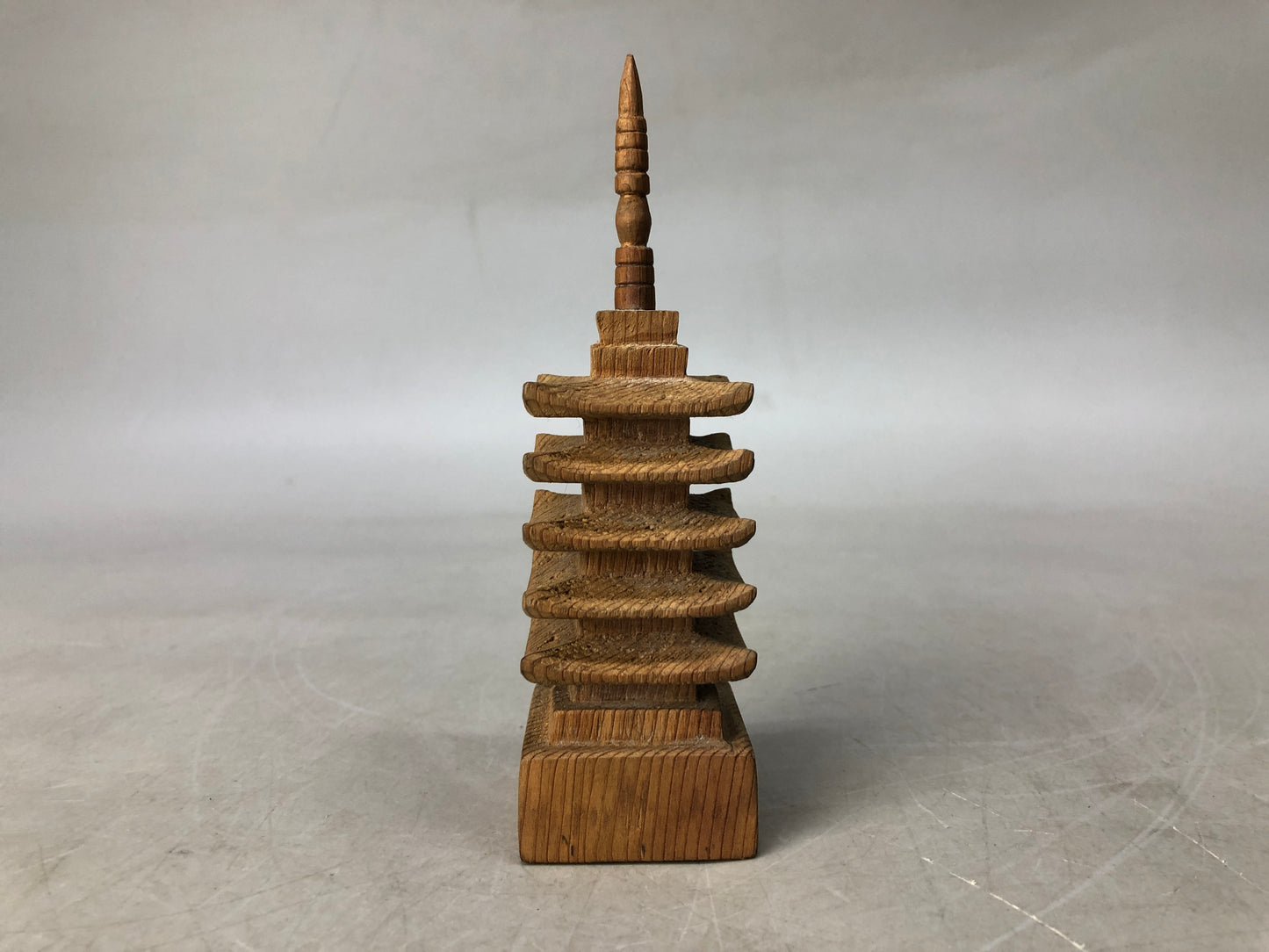 Y8211 OKIMONO small wooden Five-storied pagoda figurine Japan antique interior