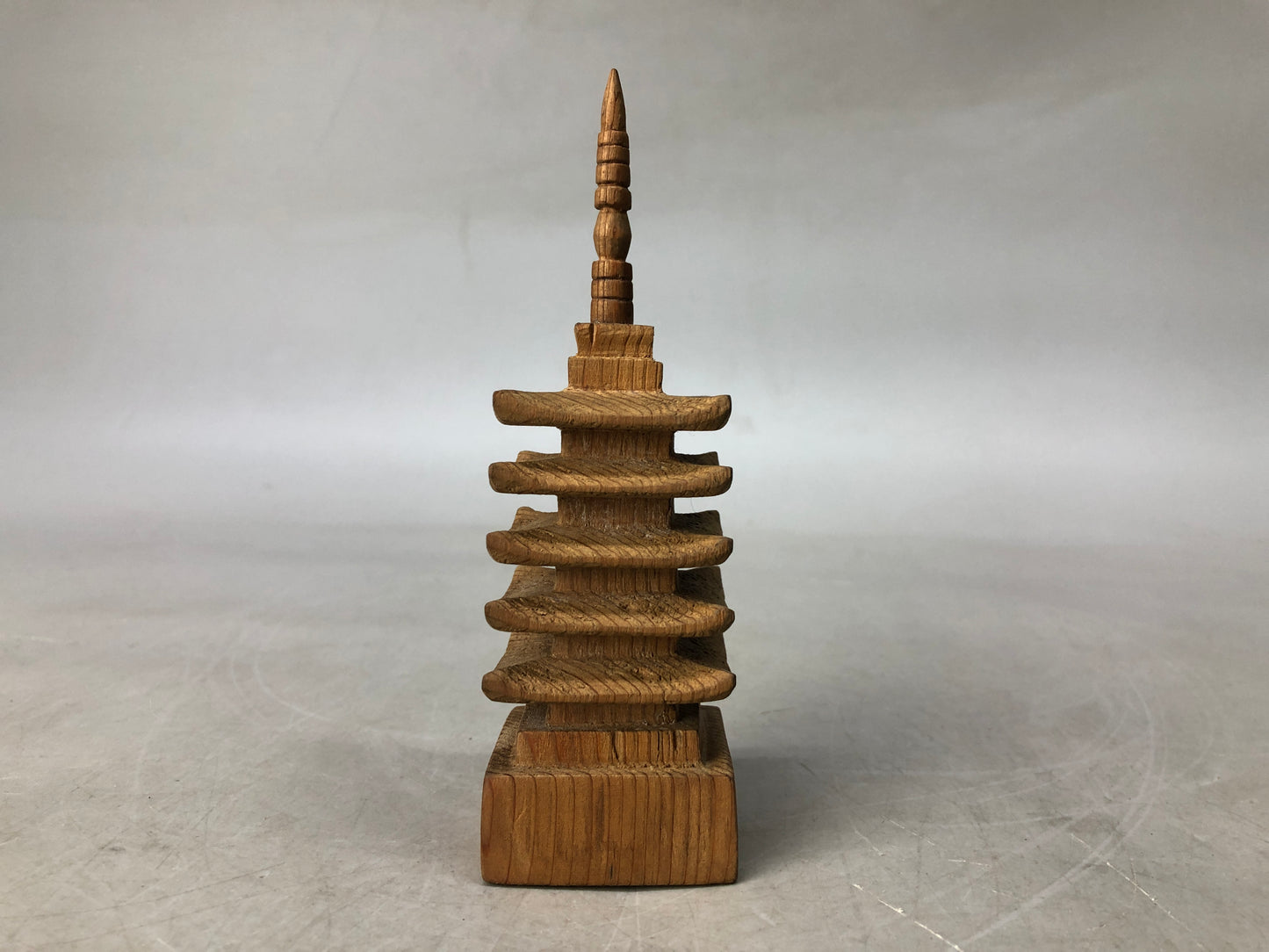 Y8211 OKIMONO small wooden Five-storied pagoda figurine Japan antique interior