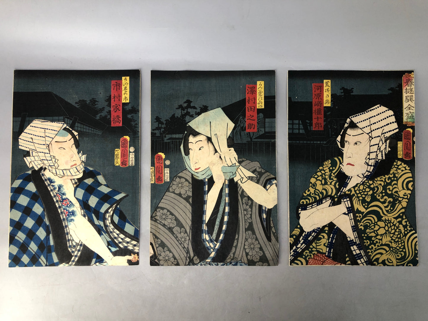 Y8249 WOODBLOCK PRINT Kunichika tattoo portrait triptych Japan Ukiyoe antique