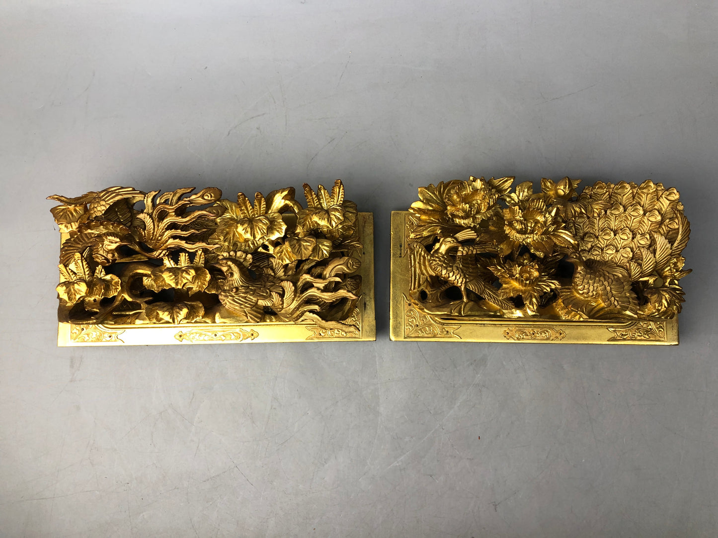 Y8268 RANMA wood carving Transom gold leaf small 2 pieces Japan antique interior