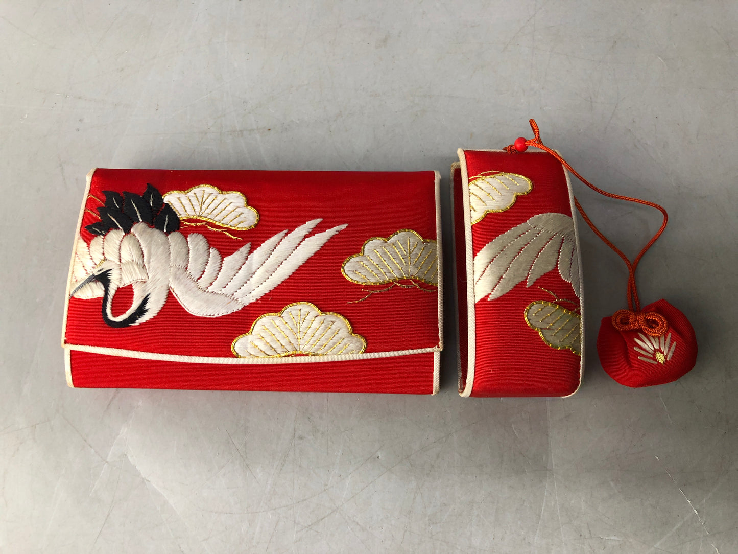 Y8273 SAGEMONO Crane design embroidery red kimono box Japan antique traditional