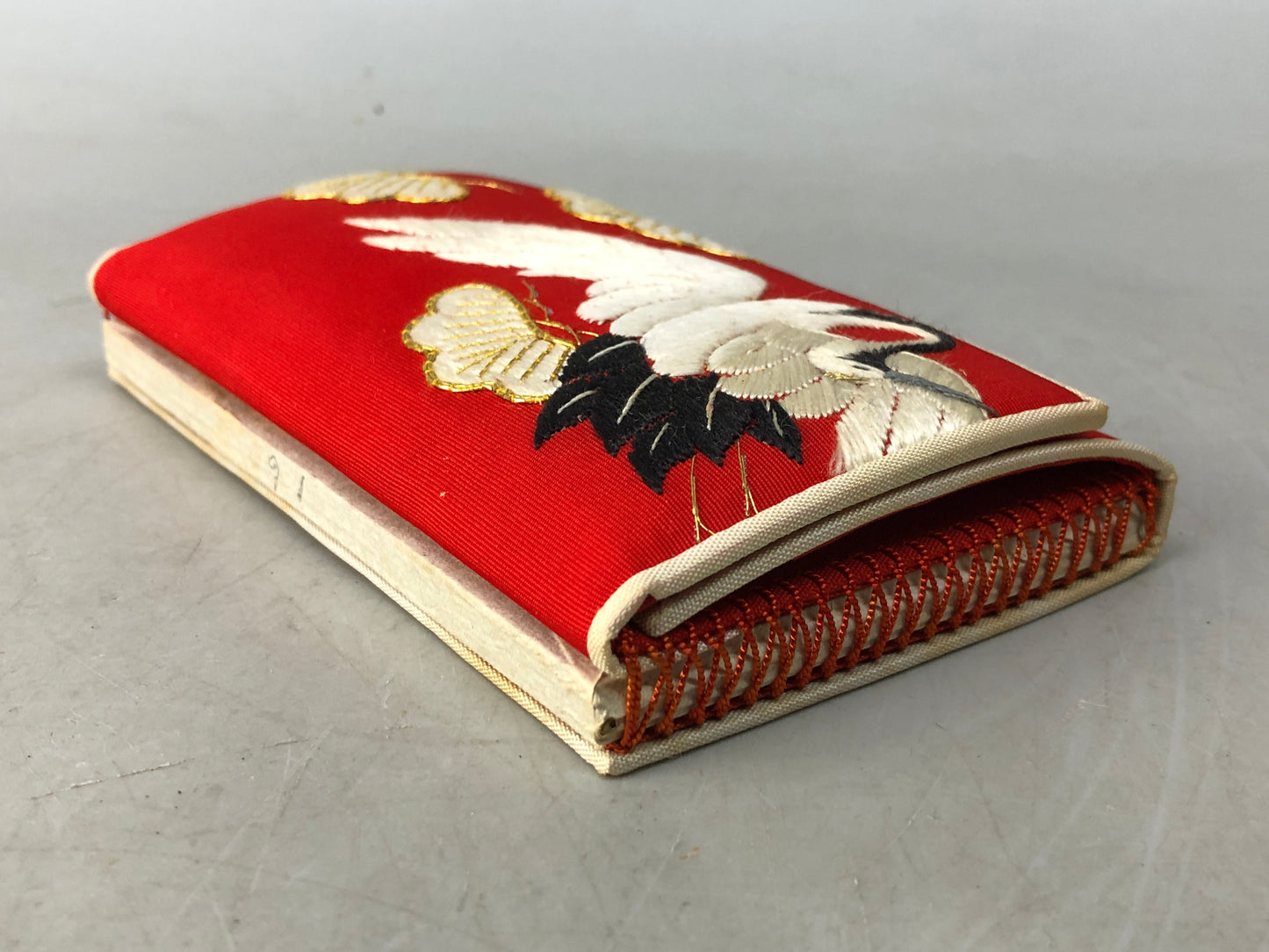 Y8273 SAGEMONO Crane design embroidery red kimono box Japan antique traditional