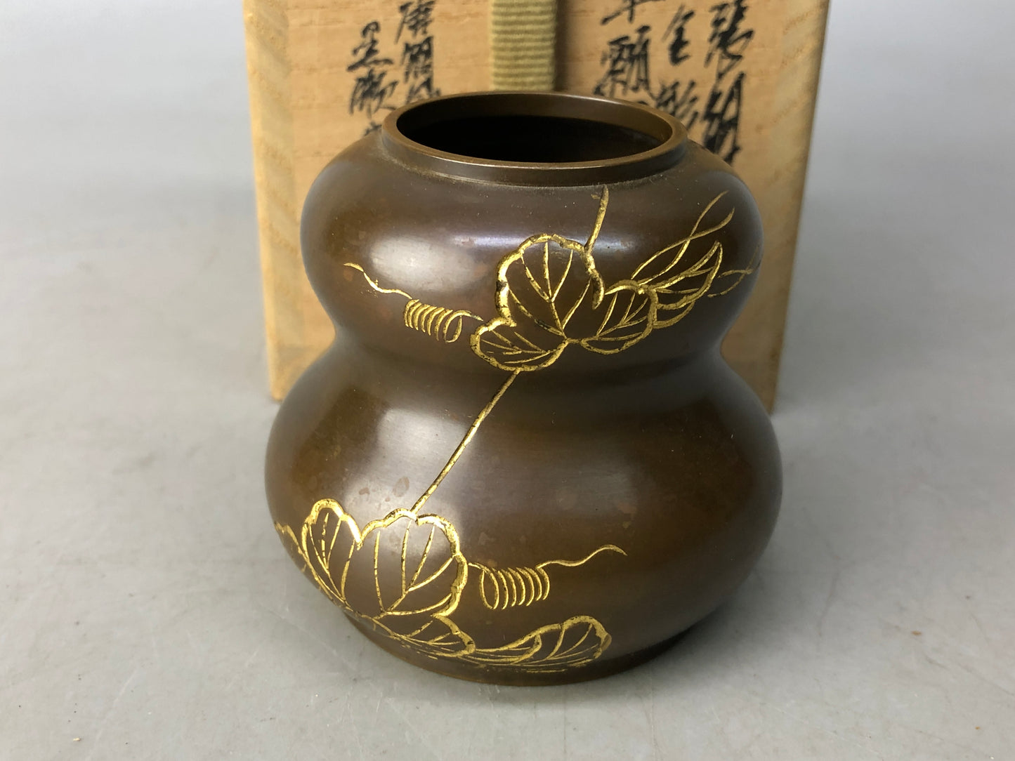 Y8274 OKIMONO Copper Lid Rest signed box Japan Tea Ceremony utensil antique