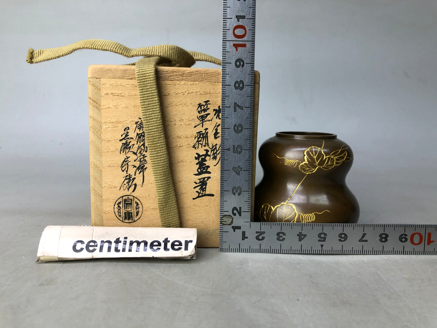 Y8274 OKIMONO Copper Lid Rest signed box Japan Tea Ceremony utensil antique