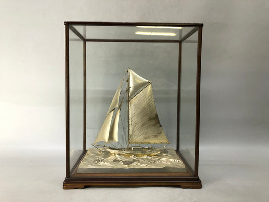 Y8276 OKIMONO Silver yacht figurine glass case large Japan antique interior