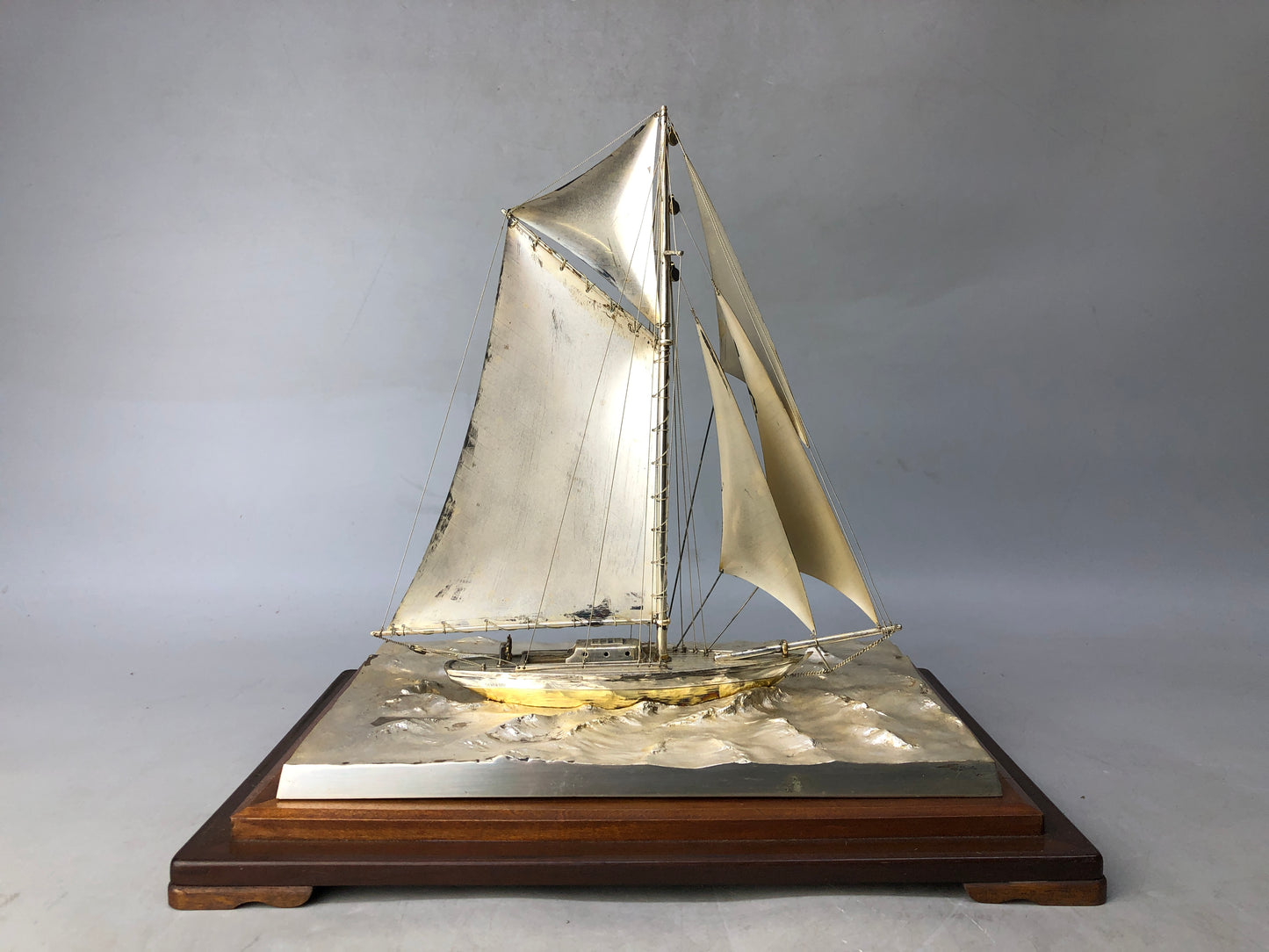 Y8276 OKIMONO Silver yacht figurine glass case large Japan antique interior