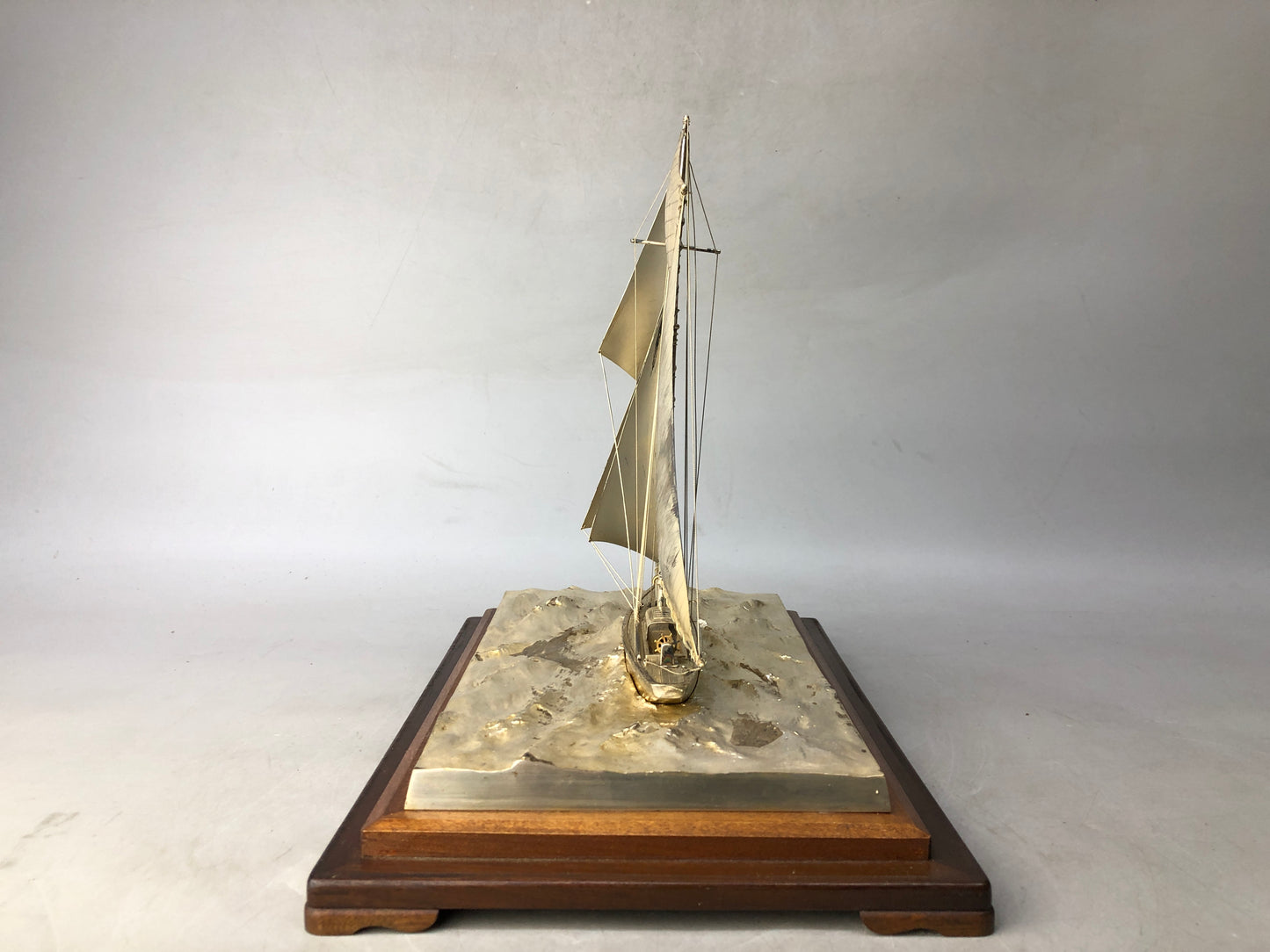 Y8276 OKIMONO Silver yacht figurine glass case large Japan antique interior