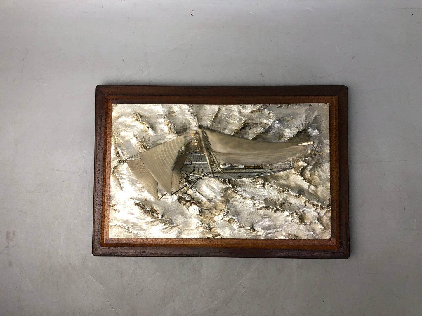 Y8276 OKIMONO Silver yacht figurine glass case large Japan antique interior