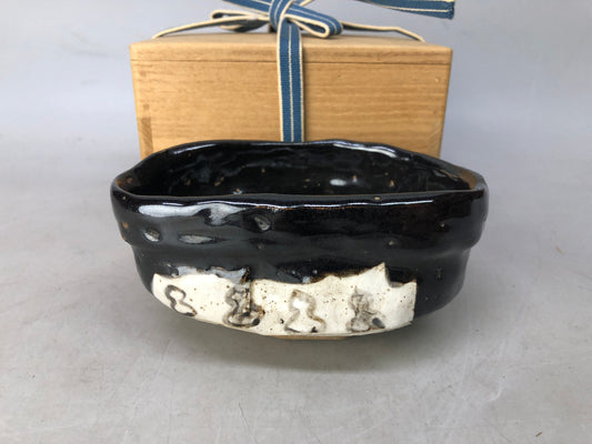 Y8285 CHAWAN Kuro Oribe Kutsuwa bowl signed box Japan antique tea ceremony cup