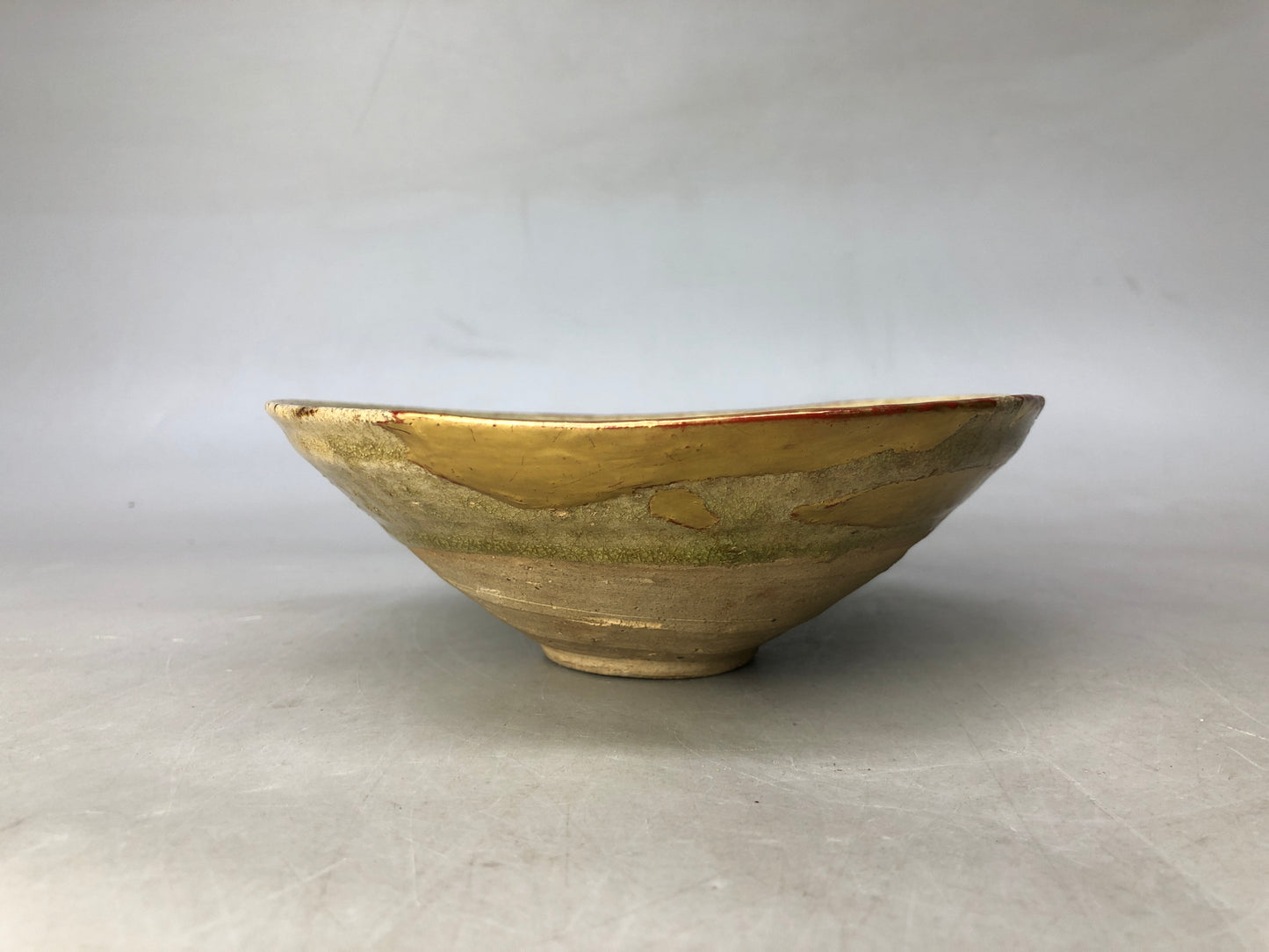 Y8320 CHAWAN Ko-Seto flat bowl kintsugi excavated Japan antique tea ceremony