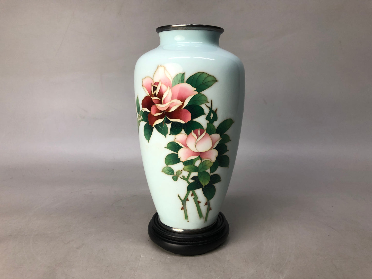 Y8367 FLOWER VASE Cloisonne rose signed box Japan ikebana floral arrangement