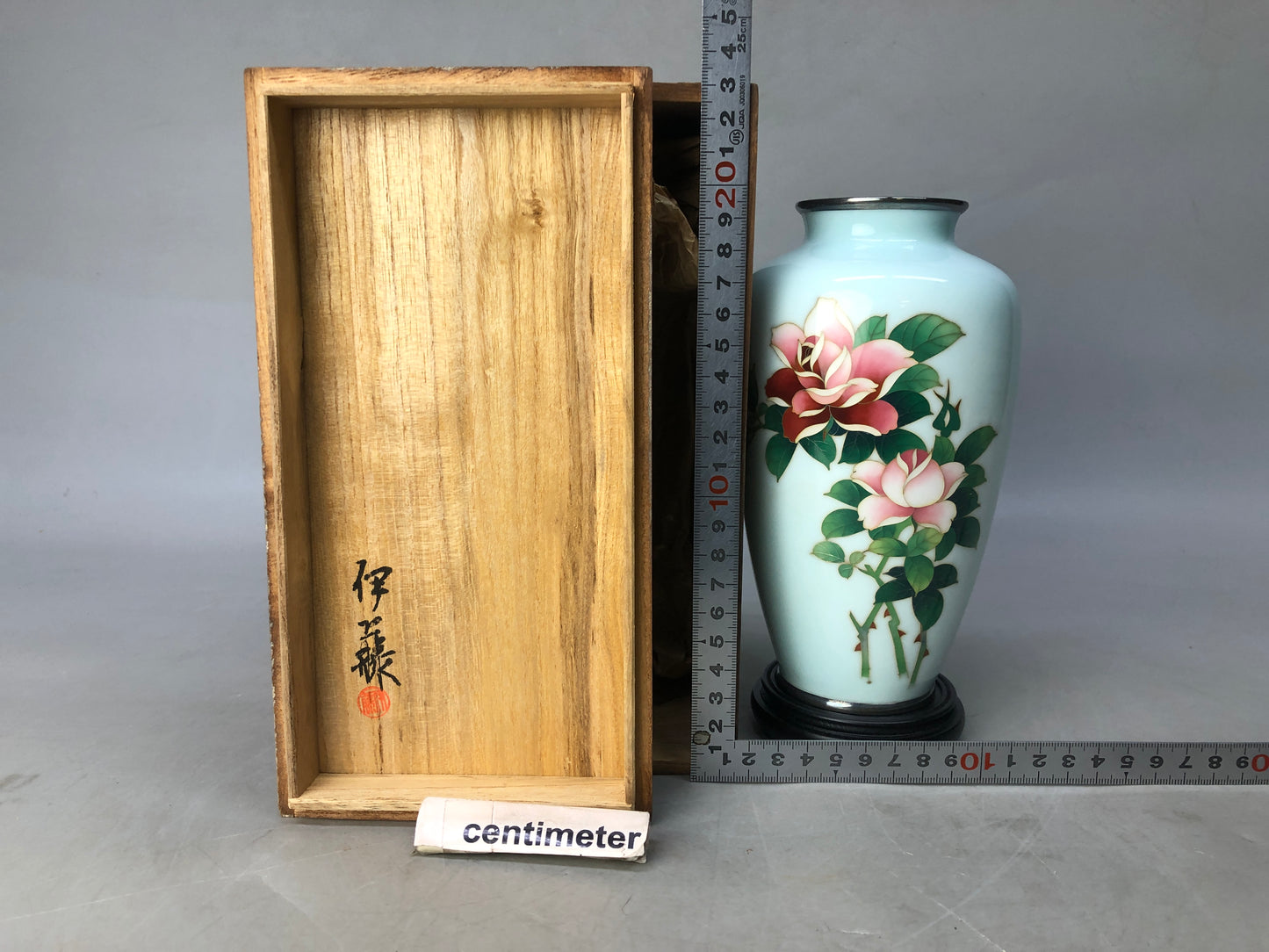 Y8367 FLOWER VASE Cloisonne rose signed box Japan ikebana floral arrangement