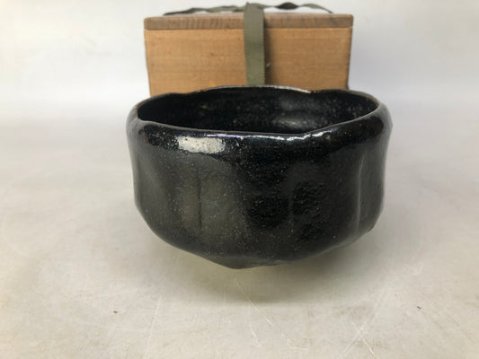 Y8370 CHAWAN Raku-ware black bowl Ryounyu signed box Japan antique tea ceremony