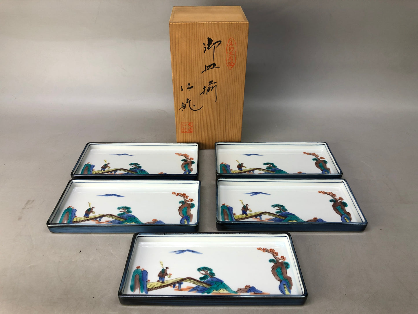 Y8408 DISH Kutani-ware set of 5 signed box color picture Japan antique tableware