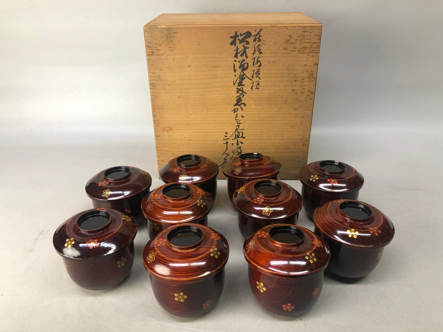 Y8418 CHAWAN Wajima lacquerware Makie 10 bowls lid signed box Japan antique cup